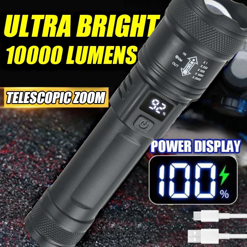 Fish Finder Battery - バッテリーディスプレイ付きの強力なLED懐中電灯,USB充電式ライト,伸縮ズームトーチ,屋外キャンプ用ランプ,釣り用ランタン,9900lm